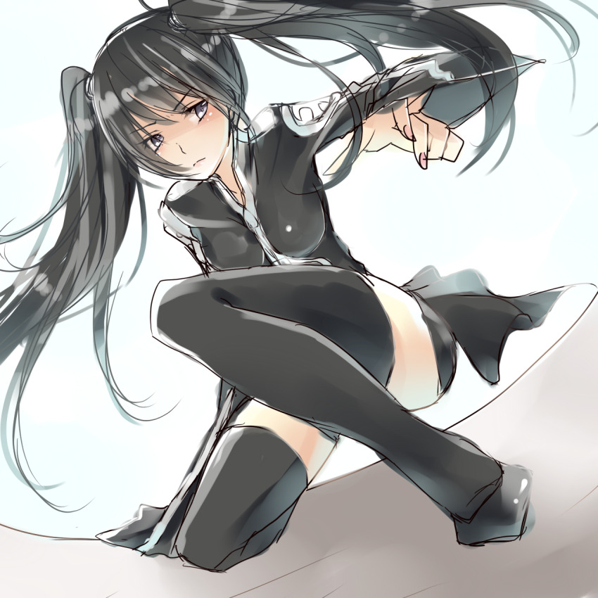 1girl ayuteisyoku black_hair black_jacket black_order_uniform black_shoes black_shorts black_skirt black_thighhighs blush breasts cross d.gray-man facing_viewer fighting_stance floating_clothes floating_hair front_zipper frown grey_background grey_eyes hair_between_eyes hand_on_ground highres jacket legs lenalee_lee long_hair long_sleeves looking_to_the_side medium_breasts miniskirt on_one_knee parted_bangs shoes shorts sidelocks sketch skirt solo squatting striped_clothes striped_jacket thighhighs thighs twintails two-tone_background vertical-striped_clothes vertical-striped_jacket very_long_hair white_background wide_sleeves zettai_ryouiki zipper