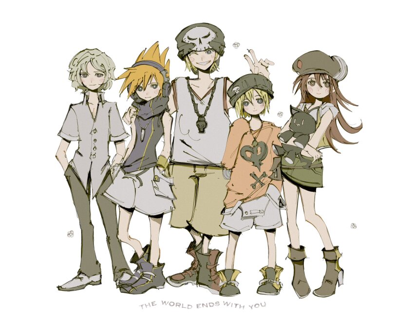 2girls 3boys arm_around_shoulder arm_up bare_shoulders beanie belt belt_pouch bito_daisukenojo bito_raimu black_hat black_pants blonde_hair blue_eyes boots brother_and_sister brown_belt brown_shorts contrapposto copyright_name english_text full_body green_skirt grey_eyes grey_hair grin hand_in_pocket hands_in_pockets hat headphones high_heel_boots high_heels highres holding holding_stuffed_toy hood hood_down hooded_jacket jacket jewelry kiryu_yoshiya kukakooo long_hair misaki_shiki multiple_boys multiple_girls necklace nyantan one_eye_closed open_clothes open_jacket orange_hair pants parted_bangs pouch print_shirt red_hair sakuraba_neku shirt shoes short_sleeves shorts siblings simple_background skirt skull_necklace sleeveless sleeveless_jacket sleeveless_shirt smile spiked_hair standing stuffed_animal stuffed_toy subarashiki_kono_sekai teeth v v-neck white_background white_shoes white_shorts