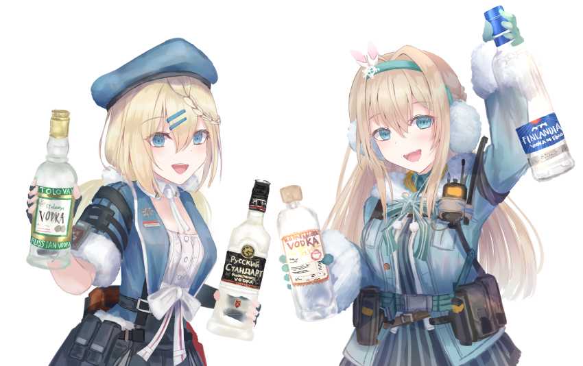 2girls :d absurdres alcohol belt_pouch beret blonde_hair blue_eyes blue_jacket bottle braid commentary commentary_request earmuffs fur-trimmed_sleeves fur_collar fur_trim girls&#039;_frontline girls&#039;_frontline_2:_exilium hair_ornament hairclip half_up_braid hat highres holding holding_bottle jacket long_hair looking_at_viewer low_twintails martinreaction multiple_girls open_mouth papasha_(girls&#039;_frontline_2) pouch ppsh-41_(girls&#039;_frontline) smile snowflake_hair_ornament suomi_(girls&#039;_frontline) suomi_(girls&#039;_frontline_2) twintails vodka walkie-talkie white_background