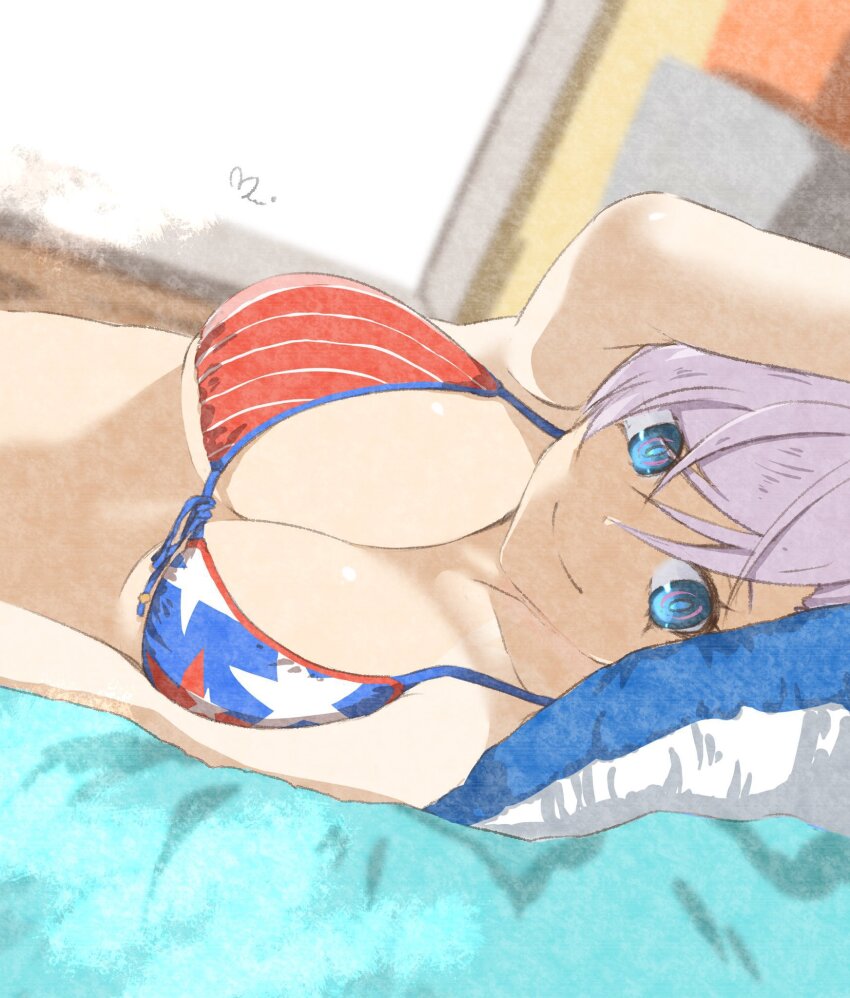 1girl arm_up bed bikini blue_eyes blurry blurry_background breasts closed_mouth commentary fate/grand_order fate_(series) film_grain from_side front-tie_bikini_top front-tie_top hair_between_eyes highres indoors large_breasts light_purple_hair looking_at_viewer lying micro_bikini mitsugu miyamoto_musashi_(fate) miyamoto_musashi_(fate/grand_order) miyamoto_musashi_(swimsuit_berserker)_(fate) miyamoto_musashi_(swimsuit_berserker)_(second_ascension)_(fate) on_side pillow print_bikini signature smile solo swimsuit underboob upper_body
