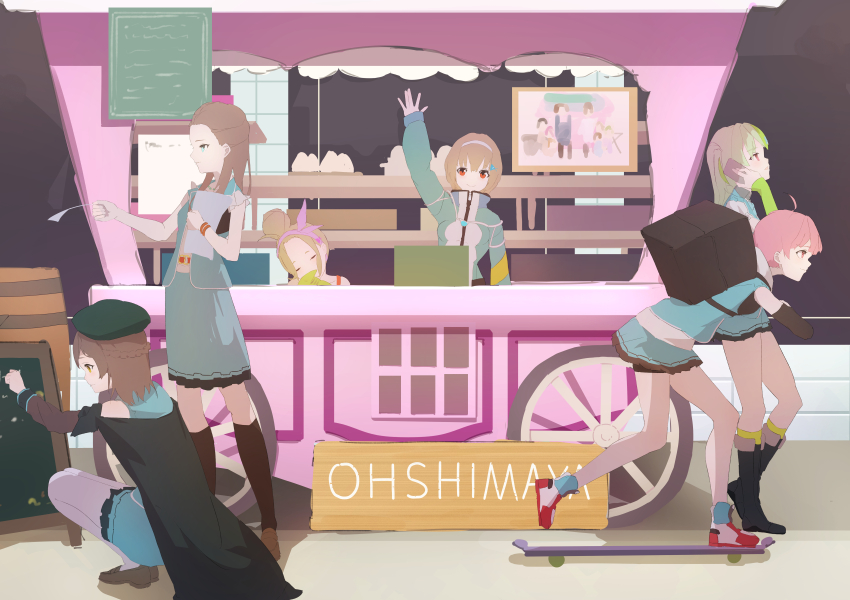 6+girls absurdres ahoge bangs_pinned_back beret blonde_hair braid breasts brown_hair fish_hair_ornament green_eyes green_hair guratanchikin hair_bun hair_ornament hairband half_up_braid hat heaven_burns_red highres large_breasts long_hair multicolored_hair multiple_girls ooshima_ichiko ooshima_isuzu ooshima_minori ooshima_muua ooshima_niina ooshima_yotsuha red_eyes red_hair sextuplets shirt short_hair siblings sisters skirt stuffed_toy team_31e_(heaven_burns_red) two_side_up yellow_eyes