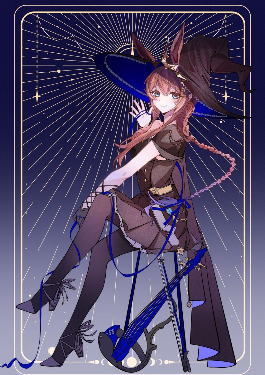 1girl ambience_synesthesia amiya_(arknights) amiya_(medic)_(arknights) amiya_(medic)_(solo_around_the_world)_(arknights) animal_ears arknights black_cape black_dress black_gloves black_hat black_pantyhose blue_eyes blue_ribbon border bow_(music) braid brown_hair cape closed_mouth commentary daydreamer023 dress frilled_dress frills full_body gloves gradient_hair hair_between_eyes hand_up hat highres instrument invisible_chair long_hair multicolored_hair official_alternate_costume ornate_border pantyhose purple_hair ribbon single_glove sitting smile solo sunburst sunburst_background symbol-only_commentary two-sided_fabric two-sided_headwear waving witch_hat