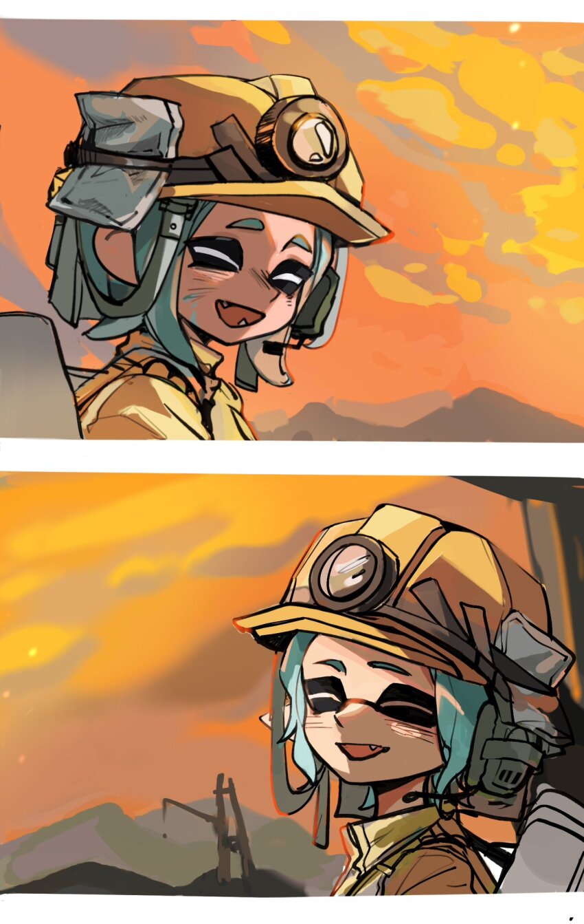 2girls :d ^_^ blue_hair closed_eyes duct_tape fang fangs feiguasang headset helmet high-visibility_clothing high-visibility_vest highres inkling inkling_girl inkling_player_character mining_helmet multiple_girls nintendo octoling octoling_girl octoling_player_character open_mouth orange_helmet orange_sky outdoors packet pointy_ears salmon_run_(splatoon) short_hair sky smile splatoon_(series) tentacle_hair twilight