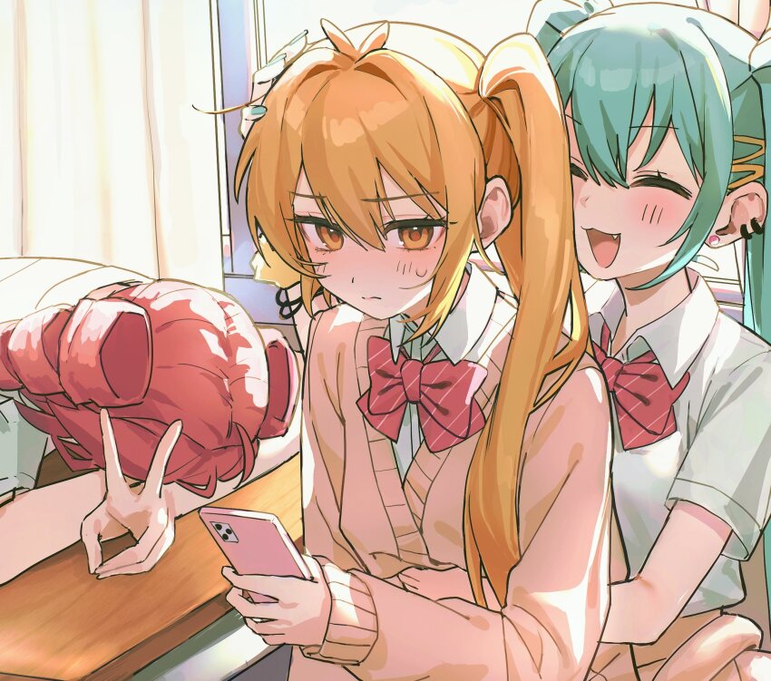 3girls ahoge akita_neru antenna_hair backlighting blonde_hair blue_hair bow bowtie cardigan cellphone closed_eyes cropped desk diagonal-striped_bow diagonal-striped_bowtie diagonal-striped_clothes dress drill_hair ear_piercing earrings fang hatsune_miku highres holding holding_phone indoors jewelry kasane_teto multiple_girls open_mouth phone piercing pink_cardigan pinstripe_bowtie red_bow red_bowtie red_hair school_desk smartphone striped_clothes triple_baka_(vocaloid) triple_ryuunen twin_drills twintails utau v vocaloid window yuuri_(0914yuuri_k)