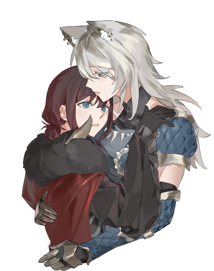 2girls animal_ear_piercing animal_ears armor black_gloves blue_eyes cape chinese_commentary commentary_request fur-trimmed_cape fur_trim gauntlets girls_band_cry girls_band_cry_rpg gloves grey_eyes grey_hair highres hug iseri_nina jewelry kawaragi_momoka long_hair multiple_girls necklace parted_lips red_cape red_hair sarino1022dayo short_twintails simple_background tooth_necklace twintails upper_body white_background wolf_ears yuri