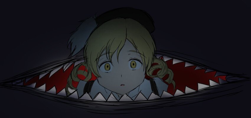 1girl beret blonde_hair charlotte_(madoka_magica) drill_hair eating gkgk2gk22 hat highres imminent_death jaws magical_girl mahou_shoujo_madoka_magica mami_mogu_mogu monster o_o spoilers teeth tomoe_mami tomoe_mami_(magical_girl) twin_drills wide-eyed yellow_eyes you_gonna_get_eaten