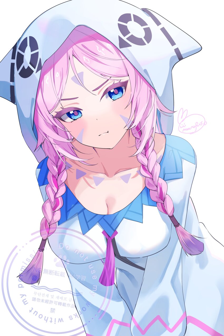 1girl :t absurdres alternate_costume blue_eyes blush braid breasts citlali_(genshin_impact) cleavage closed_mouth collarbone commentary_request genshin_impact highres long_hair looking_at_viewer marufus medium_breasts multicolored_hair onesie panties pink_hair pink_pupils purple_hair signature simple_background solo twin_braids underwear very_long_hair white_panties