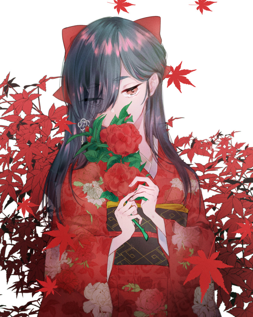 1girl absurdres black_hair bow brown_eyes commission covered_mouth erewhon eyes_visible_through_hair falling_leaves floral_print flower flower_over_mouth hair_behind_ear hair_bow hair_over_one_eye hands_up highres japanese_clothes kimono leaf leaf_background long_bangs long_hair looking_at_viewer maple_leaf nagami_kiyora obi obiage obijime ohayo_usaki red_bow red_flower red_kimono red_leaf sash skeb_commission solo upper_body white_background wide_sleeves