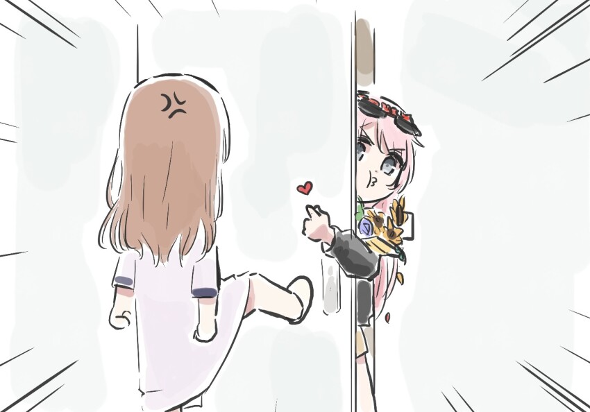 2girls bang_dream! bang_dream!_it&#039;s_mygo!!!!! black_jacket bouquet brown_hair chihaya_anon commentary_request dress eyewear_lift finger_heart flower grey_eyes heart jacket long_hair long_sleeves lyy multiple_girls nagasaki_soyo pajamas pink_hair sunglasses white_dress