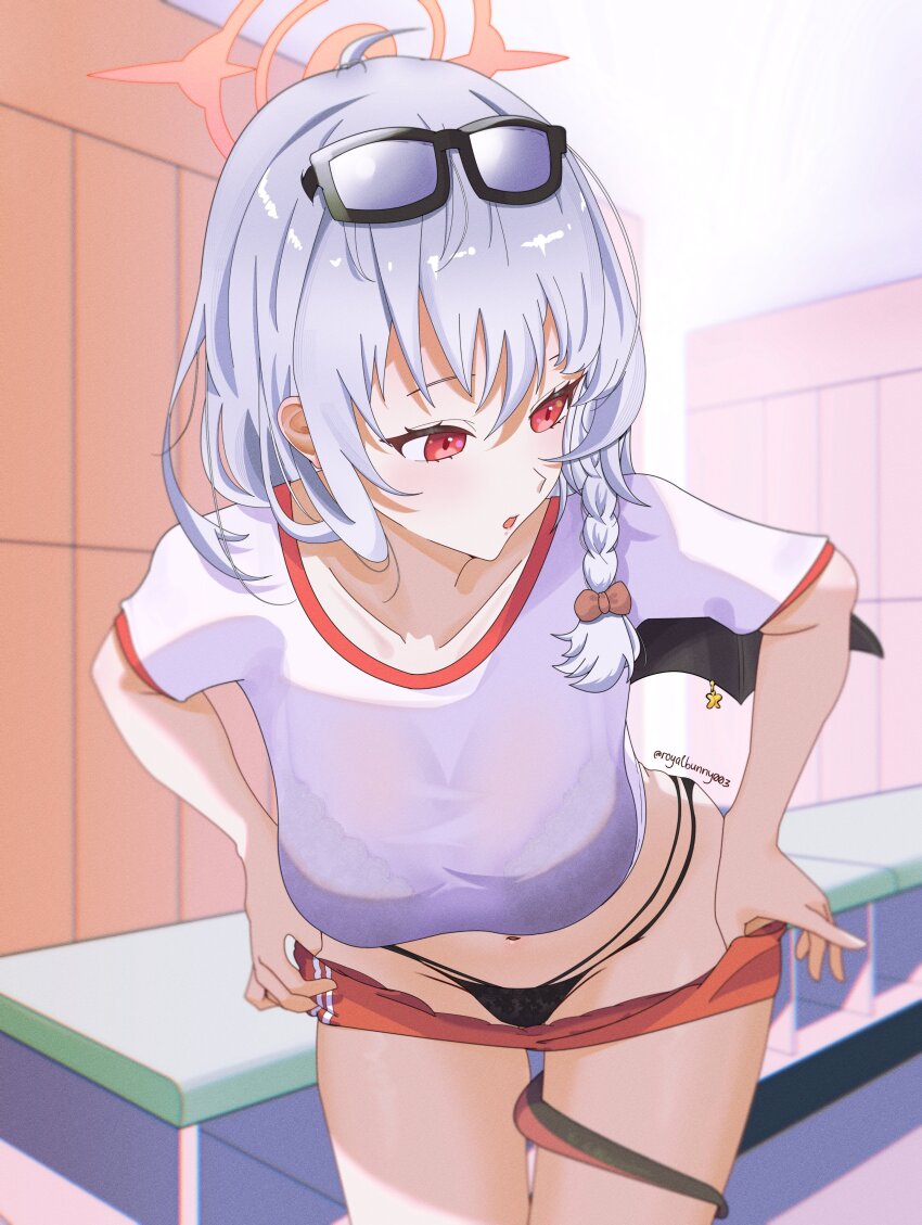 1girl absurdres black_tail black_wings blue_archive buruma commentary demon_tail demon_wings english_commentary gym_shirt gym_uniform halo haruna_(blue_archive) haruna_(track)_(blue_archive) highres piercing red_buruma red_halo royalbunny003 shirt single_wing solo tail wing_piercing wings