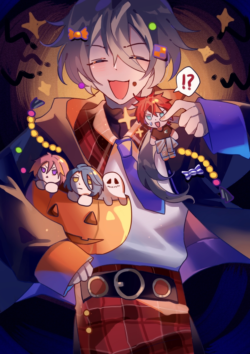 !? 4boys :d absurdres amagi_rinne belt black_belt blue_jacket blue_necktie candy_hair_ornament chinese_commentary closed_eyes commentary_request cowboy_shot ensemble_stars! food-themed_hair_ornament hair_ornament halloween halloween_bucket highres himeru_(ensemble_stars!) jacket light_particles long_sleeves male_focus mini_person miniboy multiple_boys necktie open_clothes open_jacket open_mouth oukawa_kohaku pants plaid_clothes plaid_pants red_pants shiina_niki shirt sleeves_past_wrists smile sparkle speech_bubble spoken_interrobang tie_fei_wu_mang_dashuai v-shaped_eyebrows variant_set white_shirt