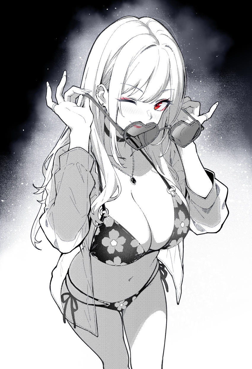 1girl ;) absurdres bikini breasts choker closed_mouth earrings eyeliner female_focus fingernails floral_print floral_print_bikini greyscale heart heart-shaped_eyewear highres holding holding_removed_eyewear jewelry katth kitagawa_marin large_breasts long_fingernails long_hair looking_at_viewer makeup monochrome navel necklace one_eye_closed open_clothes open_shirt partially_colored pink_eyeliner red_eyes red_lips ring smile solo sono_bisque_doll_wa_koi_wo_suru sunglasses swimsuit unworn_eyewear unworn_headwear