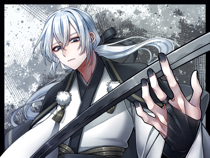 1boy black_border black_bow black_bridal_gauntlets black_nails blue_eyes border bow bridal_gauntlets bright_pupils clothing_request commentary_request dragon_quest dragon_quest_x earrings floating_hair grey_background hair_bow hero_(dq10) highres holding holding_sword holding_weapon japanese_clothes jewelry katana kuro11_222 looking_down low_ponytail male_focus ponytail solo stud_earrings sword upper_body weapon white_hair white_pupils wide_sleeves