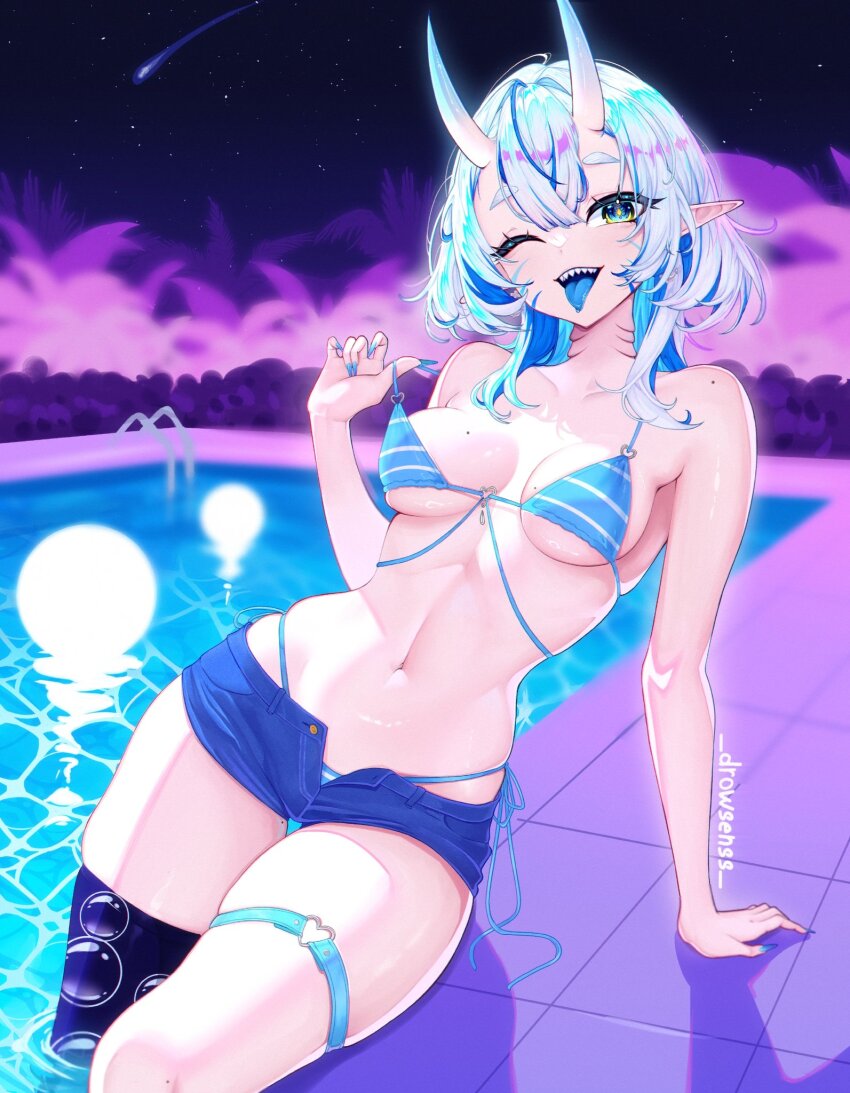 1girl artist_name bikini black_thighhighs blue_bikini blue_eyes blue_hair blue_nails blue_shorts blue_tongue breasts clip_studio_paint_(medium) colored_inner_hair colored_tongue drowsenss facial_mark gills grey_hair heart heart_o-ring highres mole mole_on_breast mole_on_shoulder multicolored_hair multiple_moles nail_polish navel night night_sky o-ring o-ring_thigh_strap one_eye_closed open_fly original pointy_ears pool pool_ladder poolside sharp_teeth shooting_star short_shorts shorts single_thighhigh sky solo strap_pull striped_bikini striped_clothes swimsuit teeth thigh_strap thighhighs whisker_markings