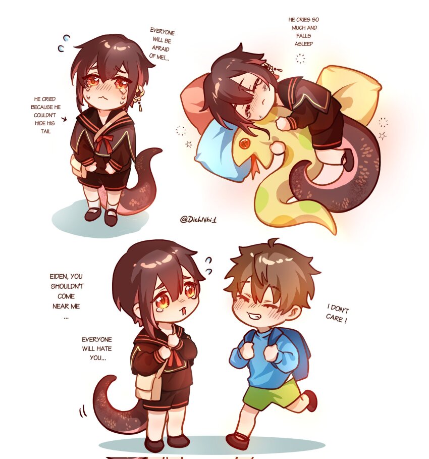 2boys :&lt; aged_down backpack bag brown_hair child commentary crying dichnhi1 eiden_(nu_carnival) english_text forked_tongue highres holding holding_stuffed_toy kemonomimi_mode male_focus multiple_boys nu_carnival orange_eyes sailor short_hair sleeping snake_boy snake_tail stuffed_snake stuffed_toy tail tongue white_background yakumo_(nu_carnival)
