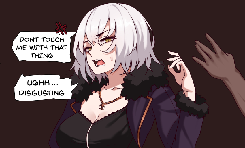 1boy 1girl black_shirt blue_jacket breasts english_text fate/grand_order fate_(series) fur-trimmed_jacket fur_trim hand_up highres jacket jeanne_d&#039;arc_alter_(avenger)_(fate) jeanne_d&#039;arc_alter_(fate) jeanne_d&#039;arc_alter_(ver._shinjuku_1999)_(fate) open_mouth shirt short_hair speech_bubble sweatdrop todding white_hair yellow_eyes