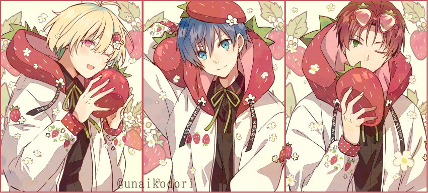 3boys amamine_shu aqua_eyes blue_hair bow c.first_(idolmaster) collared_shirt column_lineup dress_shirt eyewear_on_head fingernails food-themed_hair_ornament food_print fruit_print green_eyes hair_ornament hairclip hanazono_momohito hat highres holding hood idol idolmaster idolmaster_side-m idolmaster_side-m_growing_stars kame_(unaikodori) light_green_hair male_focus mayumi_eishin mole mole_under_eye multiple_boys one_eye_closed pink_eyes red_hair shirt smile strawberry_hair_ornament strawberry_print