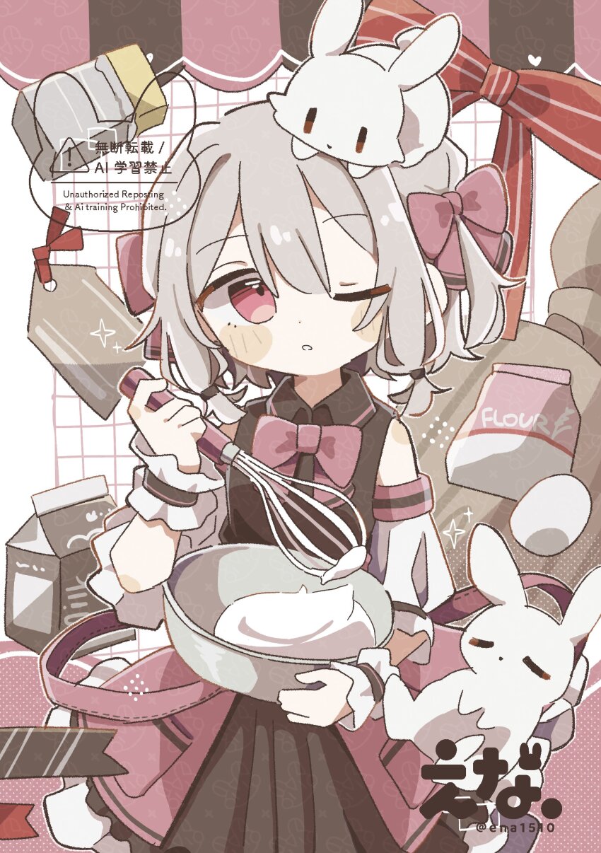 1girl absurdres animal animal_on_head artist_name black_dress blush_stickers bow bowl bowtie collared_dress cowboy_shot dress ena_1510 flour grey_hair hair_bow hand_up highres holding holding_bowl holding_whisk milk_carton mixing_bowl on_head one_eye_closed original parted_lips rabbit red_bow red_bowtie red_eyes red_ribbon ribbon shirt short_hair short_sleeves solo twitter_username watermark whisk white_shirt wrist_cuffs