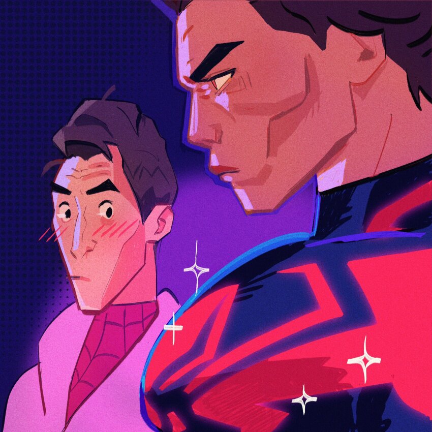 2boys animal_print bara black_hair blue_bodysuit blush bodysuit brown_hair cheekbones dark-skinned_male dark_skin from_side girl_staring_at_guy&#039;s_chest_(meme) highres large_pectorals lips looking_at_another looking_at_pectorals looking_down male_focus marion_bordeyne marvel mature_male meme miguel_o&#039;hara multiple_boys muscle_envy muscular muscular_male pectoral_focus pectorals peter_b_parker red_bodysuit red_eyes short_hair sparkle sparkling_aura spider-man:_across_the_spider-verse spider-man_(2099) spider-man_(series) spider-verse spider_print spider_web_print thick_eyebrows two-tone_bodysuit yaoi