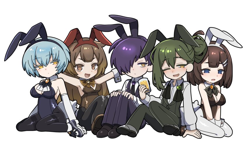 2boys 3girls :d ;d angela_(project_moon) arms_up ascot bare_arms black_pantyhose blue_eyes blue_hair bow bowtie breasts brown_eyes brown_hair cleavage collared_shirt dress_shirt drink formal_clothes green_pants green_vest hair_bun hair_ornament hair_over_one_eye hairclip highres hod_(project_moon) holding holding_drink knees_together_feet_apart knees_up lapels leotard library_of_ruina long_hair long_sleeves looking_at_viewer male_playboy_bunny malkuth_(project_moon) multiple_boys multiple_girls necktie netzach_(project_moon) one_eye_closed open_mouth pants pantyhose playboy_bunny project_moon purple_pants purple_vest shirt shoes short_hair sitting smile suit undone_ascot very_long_hair vest wariza white_pantyhose white_shirt yagidon yellow_eyes yesod_(project_moon)
