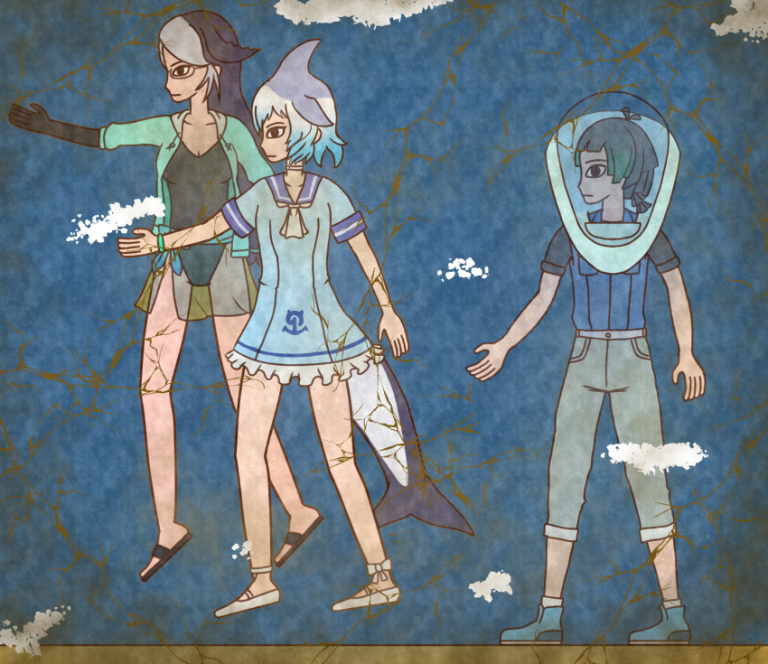 ascot black_hair black_one-piece_swimsuit blue_hair california_sea_lion_(kemono_friends) cetacean_tail commentary_request common_bottlenose_dolphin_(kemono_friends) crack dress egyptian_art elbow_gloves fins fish_tail frilled_dress frills glasses gloves gradient_hair green_hair grey_hair head_fins highres hood hood_down hoodie kemono_friends kemono_friends_2 kita_(7kita) kyururu_(kemono_friends) long_hair multicolored_hair one-piece_swimsuit outstretched_arm profile sailor_dress short_hair short_sleeves swimsuit swimsuit_under_clothes tail two-tone_hair underwater white_hair