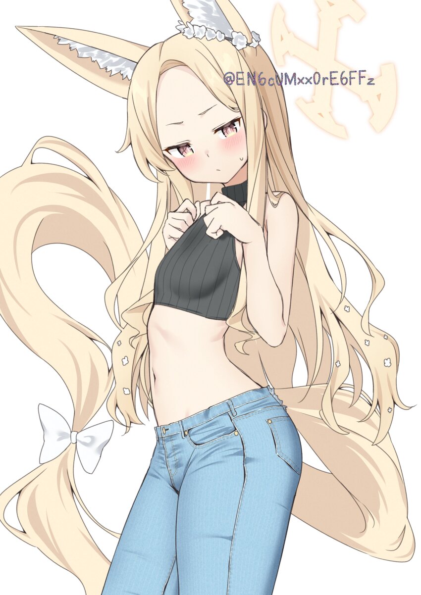 1girl absurdres alternate_costume animal_ear_fluff animal_ears bare_arms bare_shoulders black_shirt blonde_hair blue_archive blue_pants blush bow breasts brown_eyes casual closed_mouth commentary cowboy_shot crop_top cross_halo curled_fingers denim ear_wreath expressionless flower forehead fox_ears gradient_eyes hair_flower hair_ornament halo hands_on_own_chest highres jeans legs_together loli long_hair looking_at_viewer midriff multicolored_eyes navel pants parted_bangs pink_eyes ribbed_shirt ribbon seia_(blue_archive) shirt simple_background sleeveless sleeveless_shirt small_breasts solo standing stomach sweatdrop tail tail_bow tail_ornament turtleneck turtleneck_shirt twitter_username white_background white_bow white_flower yamano_rokamizu yellow_eyes yellow_halo yellow_tail