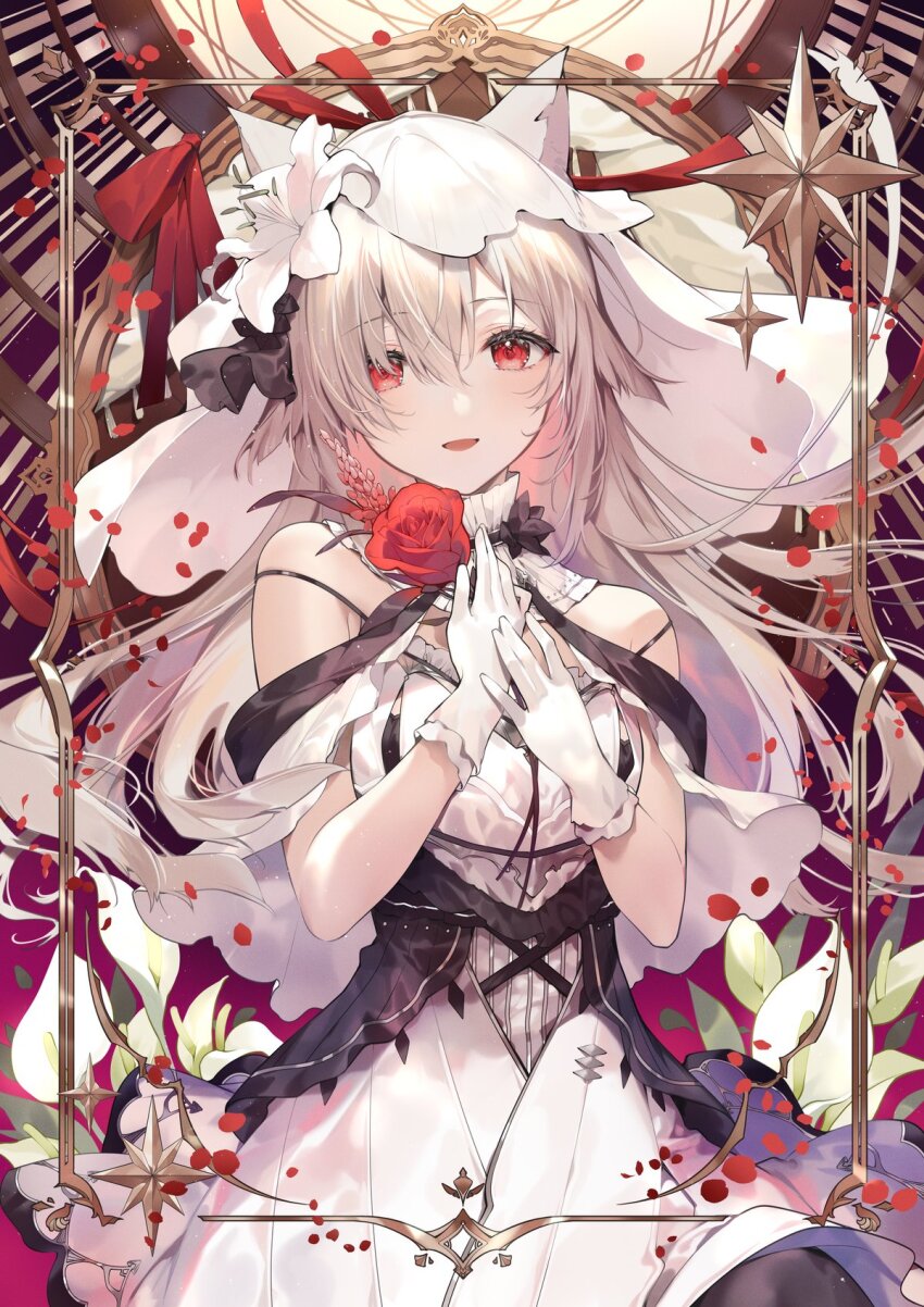 1girl :d animal_ears cat_ears detached_collar dress falling_petals flower gloves hands_on_own_chest highres holding holding_flower mone_(necomi) necomi off-shoulder_dress off_shoulder open_mouth original petals red_eyes red_flower smile solo star_(symbol) veil w_arms white_gloves white_hair white_veil