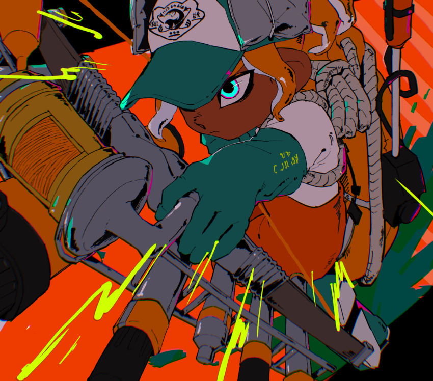 1girl aqua_gloves aqua_hat baseball_cap blue_eyes booro_(169b) bow_(weapon) closed_mouth dark-skinned_female dark_skin gloves grizzco_stringer_(splatoon) hat hat_over_one_eye holding holding_bow_(weapon) holding_weapon lifebuoy multicolored_eyes nintendo octoling octoling_girl octoling_player_character one_eye_covered orange_hair orange_overalls overalls pink_eyes rubber_gloves salmon_run_(splatoon) serious shirt short_hair sidelocks solo splatoon_(series) splatoon_3 swim_ring tentacle_hair two-tone_eyes weapon white_shirt