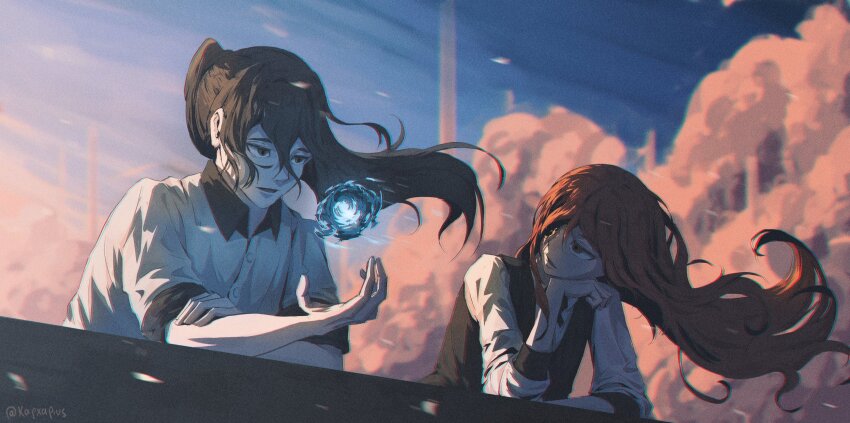 1boy 1girl absurdres black_vest blue_sky brown_hair commission eyepatch floating floating_hair hand_on_own_face highres holding_orb hwa_ryun kapxapius lips long_hair looking_at_another one_eye_covered orb original parted_lips petals ponytail red_eyes red_hair shirt signature sky tower_of_god twenty-fifth_bam vest water white_shirt wind yellow_eyes