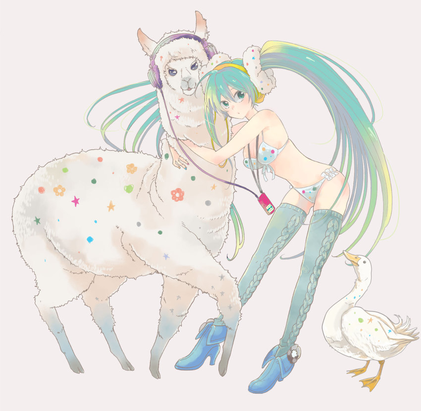 1girl acm alpaca animal animal_hug bad_id bad_pixiv_id bikini bird digital_media_player goose green_eyes green_hair hatsune_miku headphones high_heels highres hug long_hair shoes swimsuit thighhighs twintails very_long_hair vocaloid