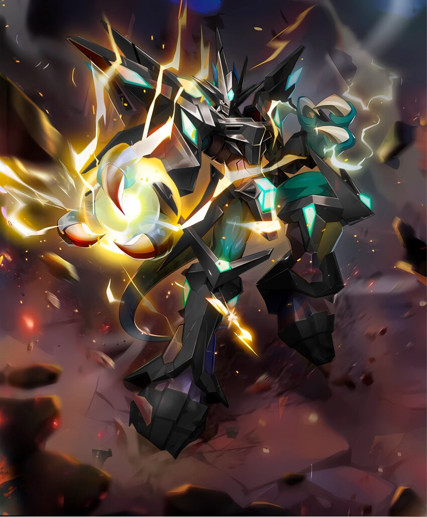 1boy absurdres armor destruction digimon digimon_(creature) dragon_boy highres magnamon magnamon_(battle_park) magnamon_x-antibody male_focus muscular muscular_male original solo tail