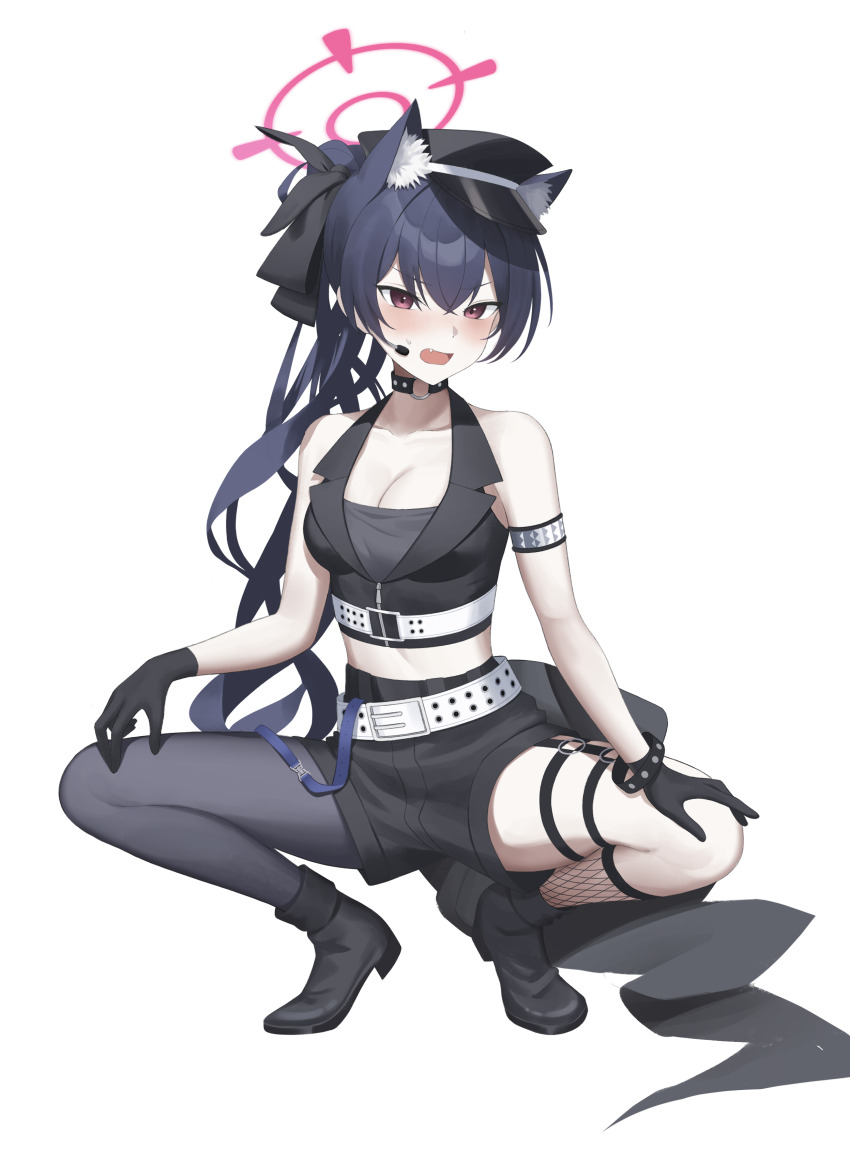 1girl absurdres animal_ear_fluff animal_ears armlet asymmetrical_legwear bare_shoulders belt belt_around_waist black_boots black_choker black_gloves black_hat black_ribbon black_shirt black_shoes black_thighhighs blue_archive blush boots breasts cat_ears cat_girl choker cleavage collarbone collared_shirt commentary_request cropped_shirt crossed_bangs extra_ears fang fishnet_socks fishnets full_body generatormang gloves hair_between_eyes hair_ribbon halo hand_on_own_knee hat headset highres idol idol_clothes jewelry korean_commentary long_hair looking_at_viewer medium_breasts midriff mismatched_legwear o-ring o-ring_choker o-ring_thigh_strap official_alternate_costume official_alternate_hairstyle open_mouth peaked_cap pink_halo ponytail red_eyes ribbon serika_(blue_archive) serika_(idol)_(blue_archive) shirt shoes simple_background single_thighhigh sleeveless sleeveless_shirt socks solo spread_legs squatting sweatdrop thigh_strap thighhighs thighs tsurime v-shaped_eyebrows very_long_hair white_background white_belt