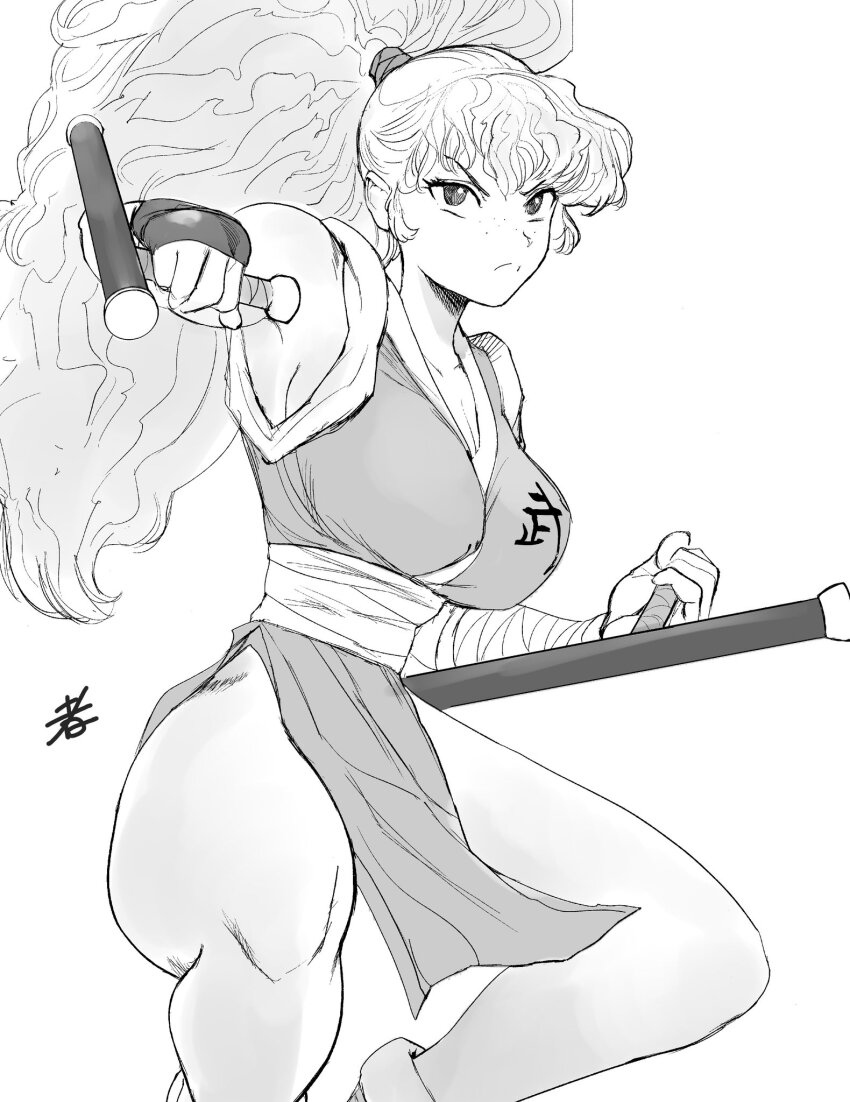 1girl bandaged_arm bandages bare_shoulders breasts final_fight final_fight_2 genryuusai_maki highres hiroshi_mono large_breasts long_hair monochrome ninja pelvic_curtain ponytail sleeveless street_fighter thick_thighs thighs