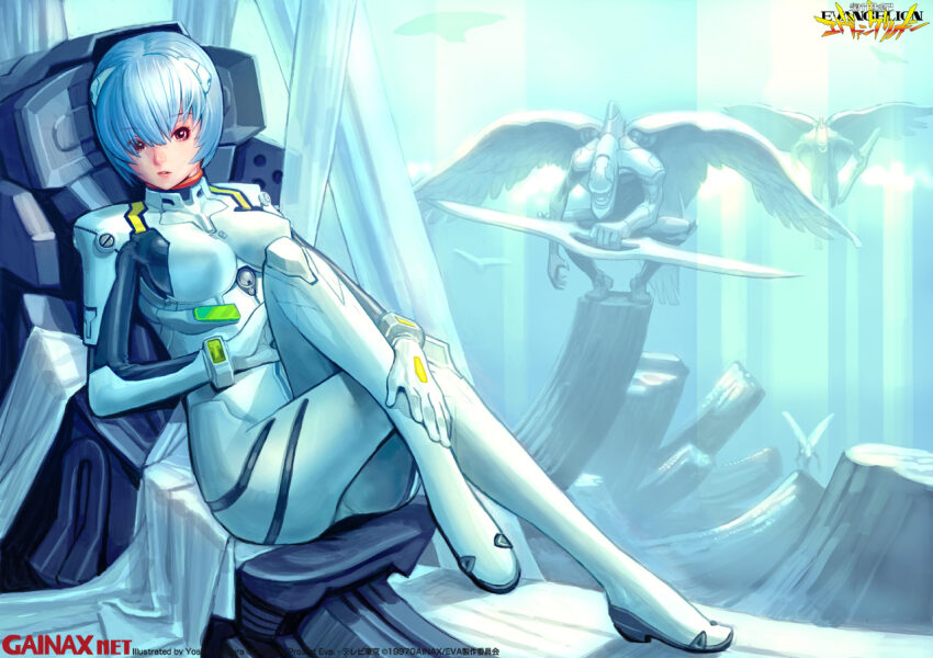 1girl ayanami_rei blue_hair bodysuit breasts copyright_name copyright_notice crossed_legs double_blade entry_plug heavy_spear_(evangelion) holding holding_sword holding_weapon interface_headset_(evangelion) mass_production_eva mecha mecha_pilot_suit medium_breasts neon_genesis_evangelion official_art plugsuit_(evangelion) red_eyes robot science_fiction short_hair sitting solo sugiura_yoshio sword the_end_of_evangelion third-party_source translated weapon white_bodysuit