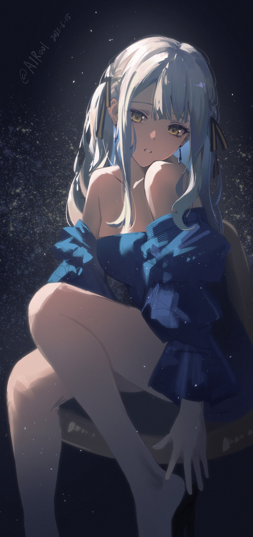 1girl absurdres airool bang_dream! bang_dream!_it&#039;s_mygo!!!!! bare_legs bare_shoulders barefoot black_background black_ribbon blue_hair blue_shirt breasts chair chinese_commentary collarbone colored_inner_hair commentary_request dated detached_sleeves earrings foot_out_of_frame frilled_sleeves frills grey_hair hair_ribbon head_tilt highres jewelry knee_up long_hair long_sidelocks long_sleeves looking_at_viewer multicolored_hair on_chair open_hand parted_bangs parted_lips partial_commentary ribbon shirt sidelighting sidelocks sitting solo strapless strapless_shirt striped_ribbon togawa_sakiko two-tone_hair two-tone_ribbon weibo_username yellow_eyes yellow_ribbon