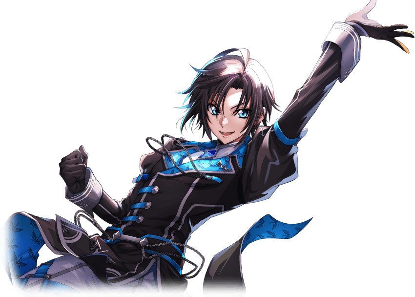 1boy ahoge arm_up black_gloves black_hair black_jacket blue_eyes code_geass code_geass:_lost_stories commentary_request f4samurai gloves highres jacket mario_disel official_art open_mouth short_hair smile solo