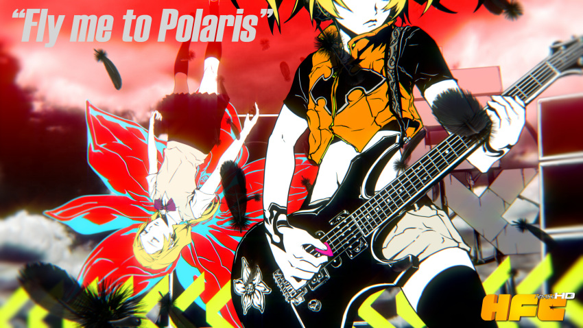 1girl alternate_hairstyle black_thighhighs blonde_hair closed_eyes electric_guitar english_text feathers flower guitar highres instrument kagamine_rin long_hair lyrics midriff multiple_views nagimiso navel pale_skin plectrum ribbon school_uniform serafuku shorts skirt socks sweater_vest tattoo thighhighs twintails vocaloid zettai_ryouiki