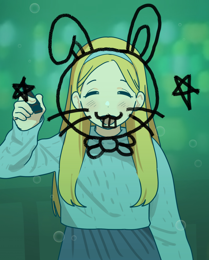 1girl antennae blonde_hair blush bow bubble glass green_background green_water hair_ornament hairband highres holding long_hair long_sleeves looking_at_viewer maria_robotnik marker open_mouth owo_8g8 pleated_skirt pov rabbit ribbon shirt skirt smile solo sonic_(live_action) sonic_(series) sonic_the_hedgehog_(movie) sonic_the_hedgehog_3_(movie) star_(symbol) teeth upper_body