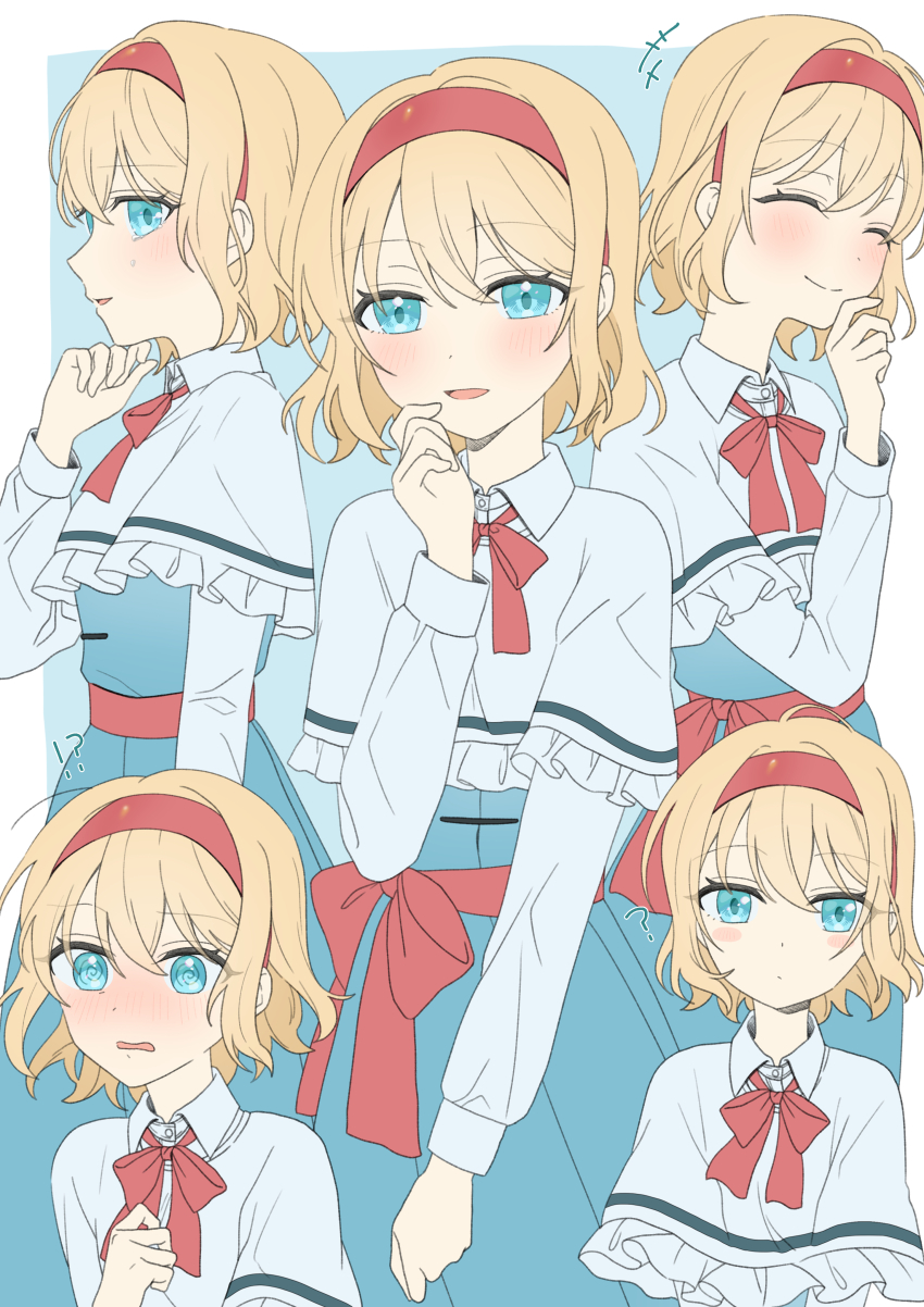 +++ 1girl @_@ absurdres alice_margatroid blonde_hair blue_dress blue_eyes blush bow bowtie capelet closed_eyes closed_mouth commentary_request dress hairband highres long_sleeves looking_at_viewer multiple_expressions multiple_views open_mouth red_bow red_bowtie red_hairband smile touhou tsuno_no_hito white_capelet