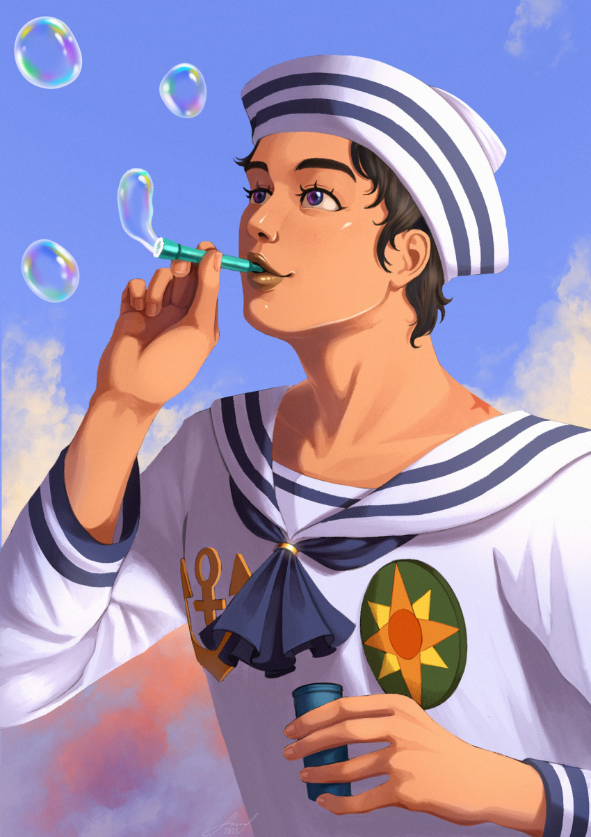1boy anchor_symbol birthmark black_hair blue_sky cloud dixie_cup_hat hat higashikata_josuke_(jojolion) highres joestar_birthmark jojo_no_kimyou_na_bouken jojolion lauriart-exe long_sleeves military_hat purple_eyes sailor sailor_collar sailor_hat shirt short_hair sky soap_bubbles upper_body white_shirt white_sleeves
