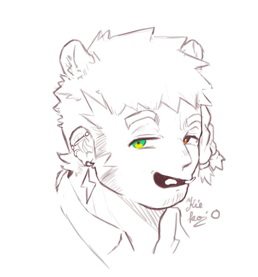 animal_ears braid brown_eyes ear_piercing earrings facial_hair green_eyes highres jewelry kiekoio male_focus monochrome_finale piercing ratatoskr_(monochrome_finale) short_hair sketch twin_braids white_background