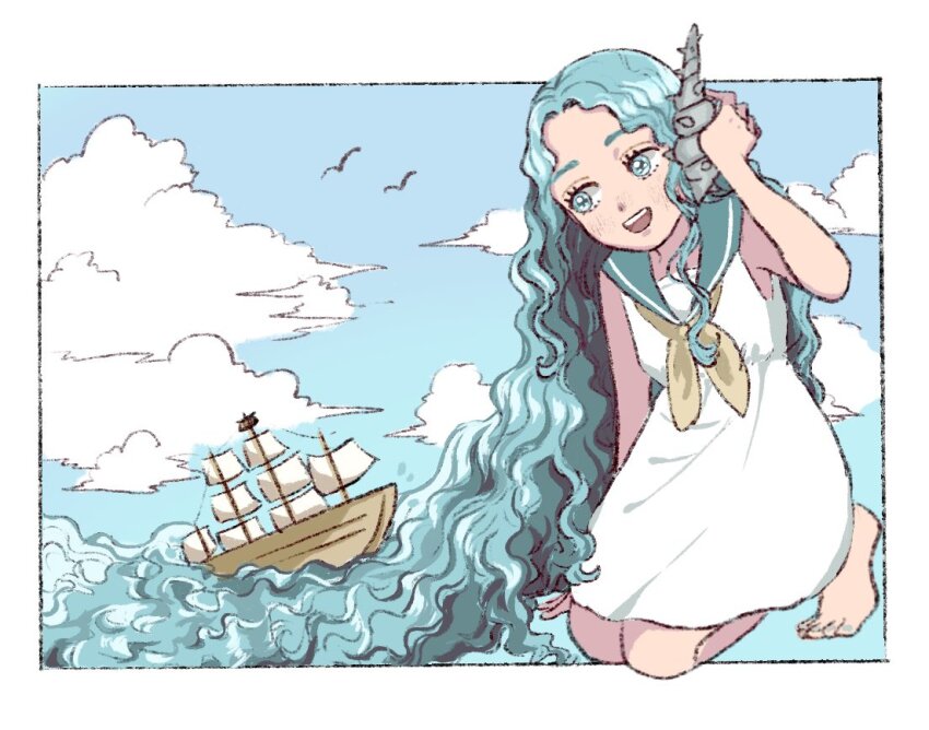 1girl absurdly_long_hair aqua_eyes aqua_hair aqua_sailor_collar bare_arms barefoot bird blue_sky border child cloud commentary_request conch dress feet hand_up holding holding_seashell kneeling long_hair mitoshi nail_polish neckerchief open_mouth original outdoors outside_border sailing_ship sailor_collar seagull seashell shell ship sky sleeveless sleeveless_dress smile solo teeth toenail_polish toenails toes very_long_hair watercraft wavy_hair white_border white_dress yellow_neckerchief