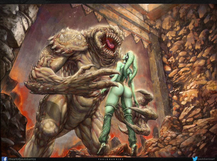 1girl alien artist_name ass back colored_skin curvy fangs female_focus graphite_(medium) green_skin huge_ass imminent_death monster oola open_mouth paulo_barrios rancor revealing_clothes rock sandals shiny_skin solo star_wars tongue tongue_out traditional_media twi&#039;lek watermark web_address wide_hips