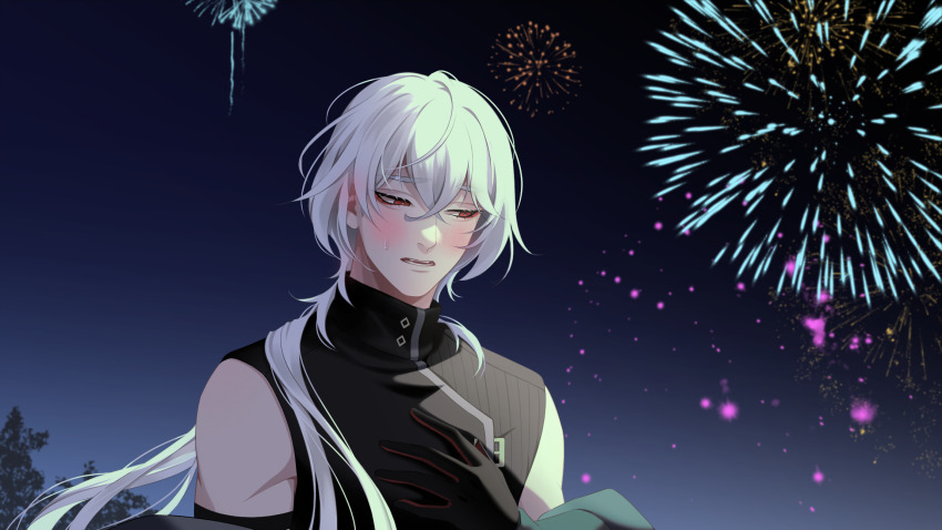1boy :d a_date_with_death aegyo aerial_fireworks averting_eyes blush casper_(a_date_with_death) fireworks gradient_background hair_flowing_over hair_over_shoulder highres jacket jacket_partially_removed jellyfish_cut large_variant_set light_particles male_focus nervous night night_sky non-web_source official_art open_mouth red_eyes sky sleeveless sleeveless_turtleneck smile solo surprised tree turtleneck upper_body variant_set white_hair wide-eyed