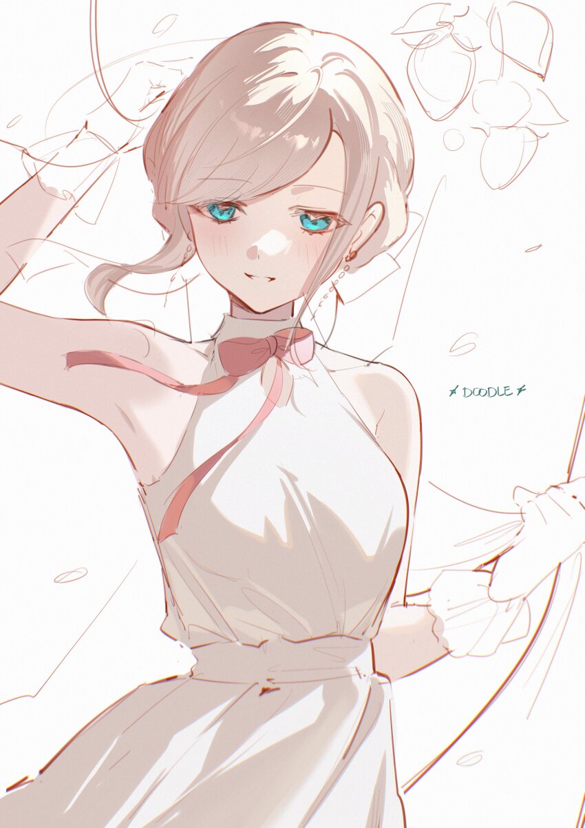 1girl absurdres arm_up armpits bare_shoulders blue_eyes blush bow bowtie breasts ceras_yanagida_lilienfeld ceras_yanagida_lilienfeld_(16th_birthday) collarbone dkou dress grey_hair grin highres large_breasts link!_like!_love_live! looking_at_viewer love_live! official_alternate_costume pink_bow pink_bowtie shirt sidelocks simple_background sleeveless sleeveless_dress smile solo virtual_youtuber white_background white_dress