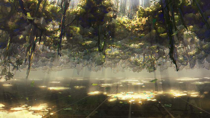 absurdres chinese_commentary commentary_request cyberspace falling_leaves forest girls&#039;_frontline highres leaf light_rays manha_utsutsuki nature no_humans official_art plant reflective_floor scenery spoilers tree upside-down upside-down_world vines