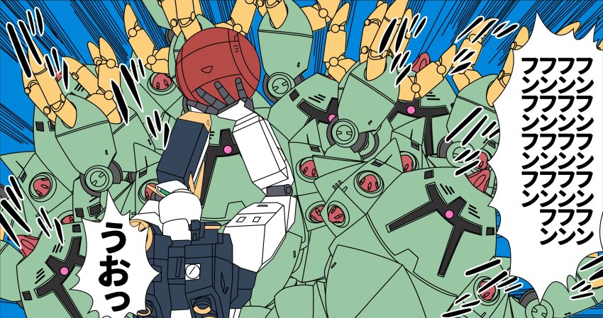 absurdres char&#039;s_counterattack claws commentary_request gundam highres holding mecha mecha_focus mobile_suit mobile_suit_gundam neo_zeon no_humans nu_gundam one-eyed parody pink_eyes reprilo_channel robot sazabi scene_reference science_fiction slam_dunk_(series) speech_bubble translation_request v-fin zeon zock
