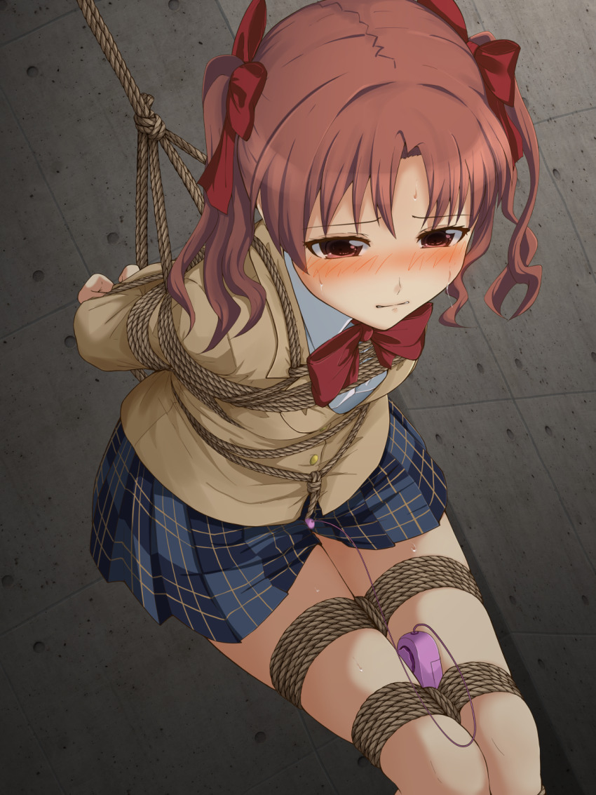 1girl arms_behind_back bdsm black_skirt blazer blush bondage bound bound_arms bound_legs bow bowtie brown_eyes brown_hair brown_jacket collared_shirt commentary_request commission crotch_rope egg_vibrator femuto hair_bow highres indoors jacket long_hair long_sleeves parted_lips plaid_clothes plaid_skirt red_bow red_bowtie restrained school_uniform sex_toy shibari shibari_over_clothes shirai_kuroko shirt skeb_commission skirt solo toaru_kagaku_no_railgun toaru_majutsu_no_index tokiwadai_school_uniform twintails vibrator vibrator_over_clothes white_shirt winter_uniform
