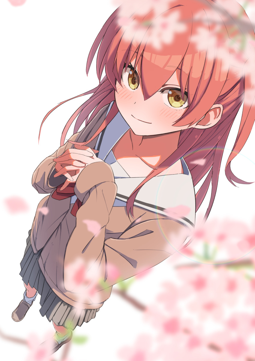 1girl blurry bocchi_the_rock! brown_jacket cherry_blossoms depth_of_field foreshortening grey_skirt highres jacket kita_ikuyo looking_at_viewer own_hands_together red_hair school_uniform skirt smile solo toraneko yellow_eyes