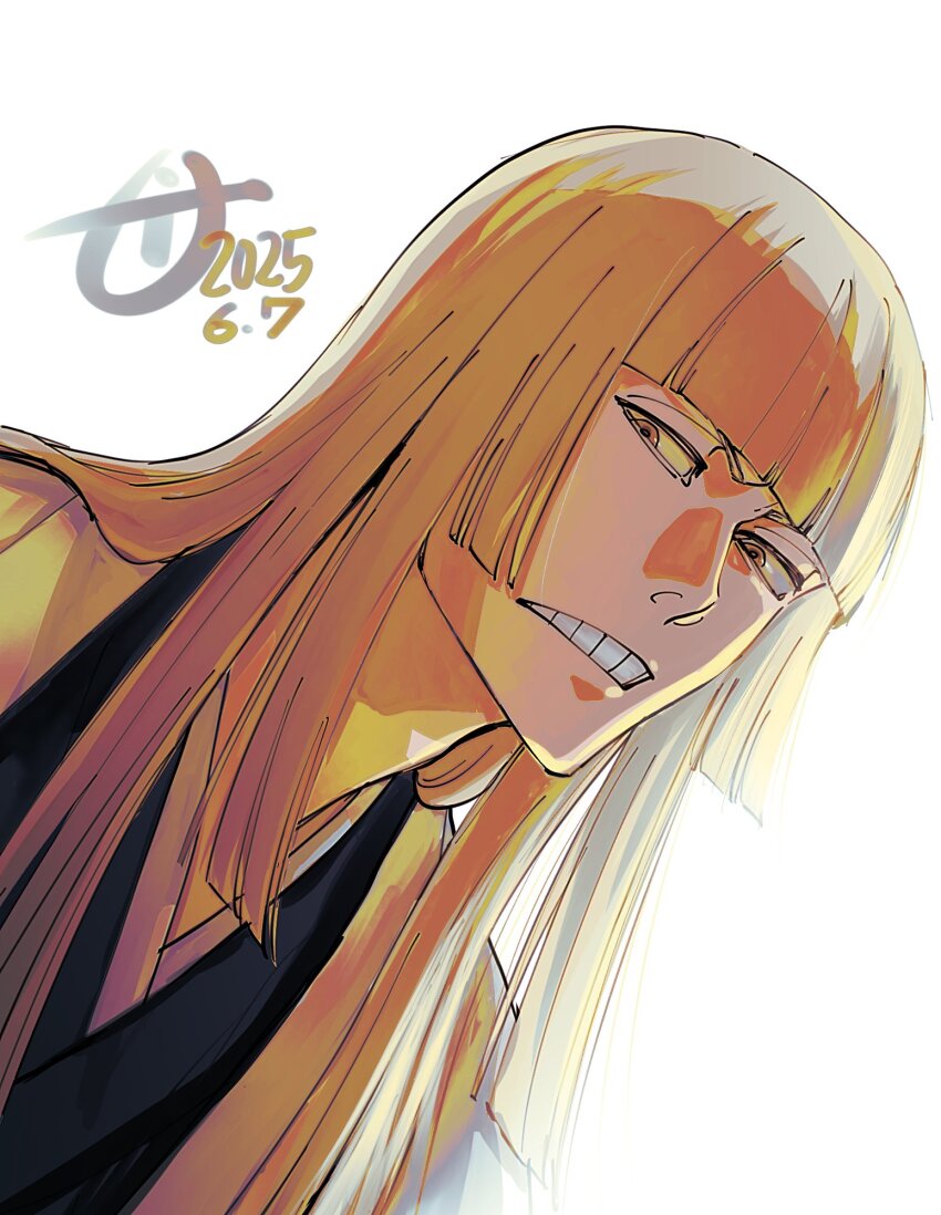 1boy ai_(ai1470) bleach blonde_hair blunt_bangs blunt_ends dated highres hirako_shinji japanese_clothes long_hair looking_at_viewer male_focus signature simple_background solo teeth upper_teeth_only white_background yellow_eyes